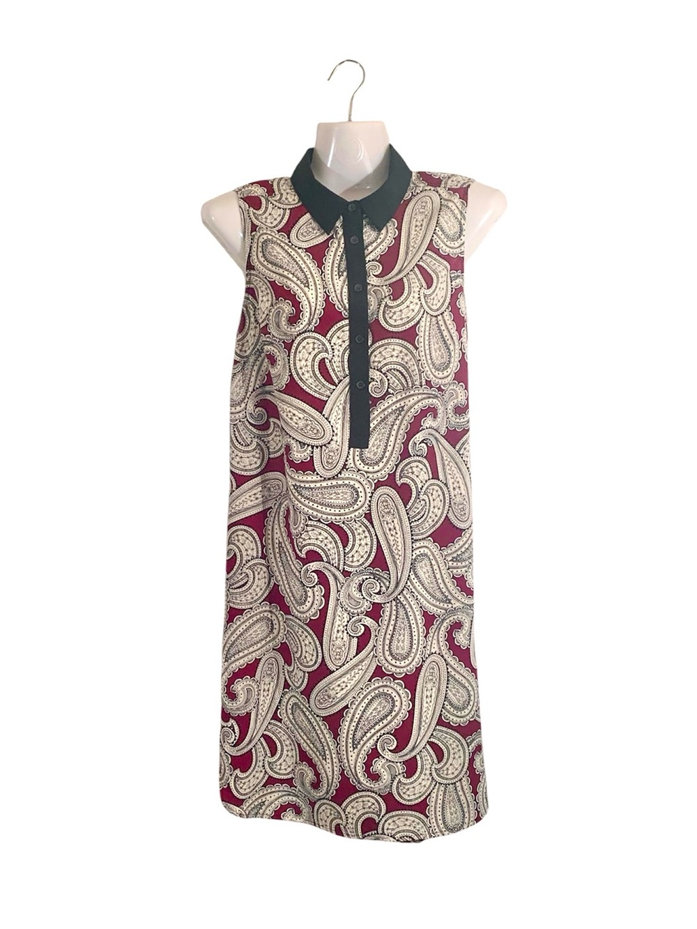 Ann Taylor Burgundy and Cream Paisley Sleeveless Shift Dress with Black Collar